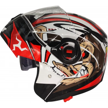 Free-M 961 Monkey Güneş Vizörlü Çeneden Açılır Kask Siyah - Beyaz - Kırmızı