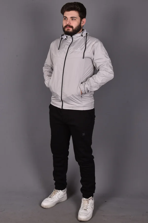 Açık Gri Fermuarlı ve Cepli İç Astarlı Yağmurluk