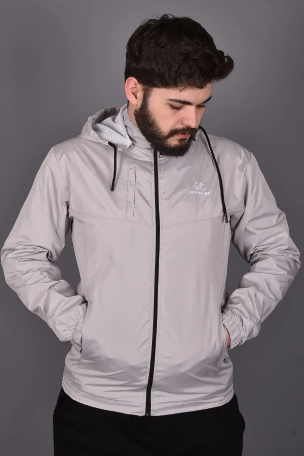 Açık Gri Fermuarlı ve Cepli İç Astarlı Yağmurluk