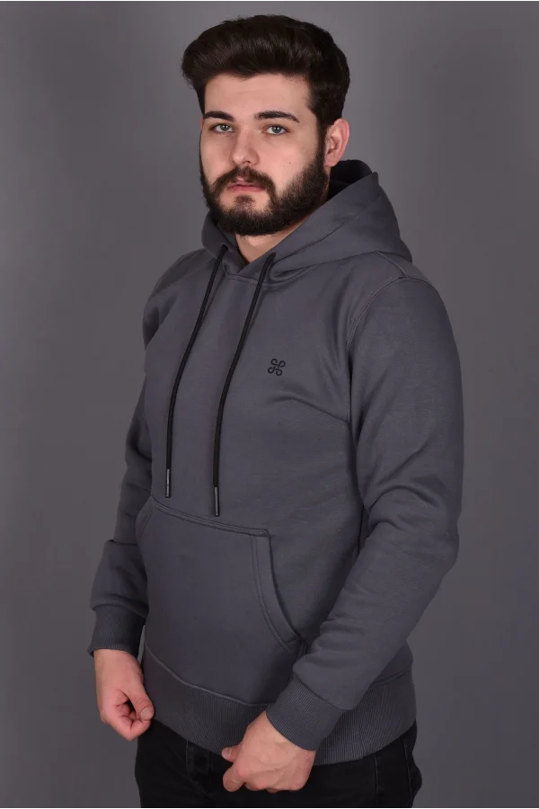 Antrasit Penye Şardonlu Üçiplik Kapüşonlu Sweatshirt