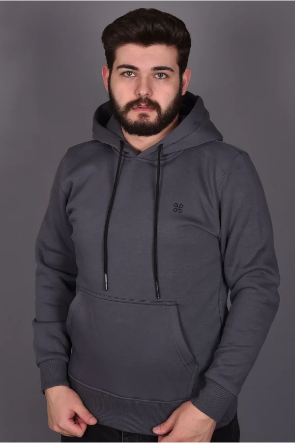 Antrasit Penye Şardonlu Üçiplik Kapüşonlu Sweatshirt