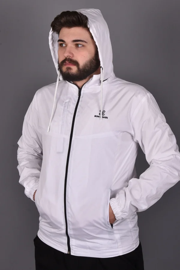 Beyaz Fermuarlı ve Cepli İç Astarlı Yağmurluk