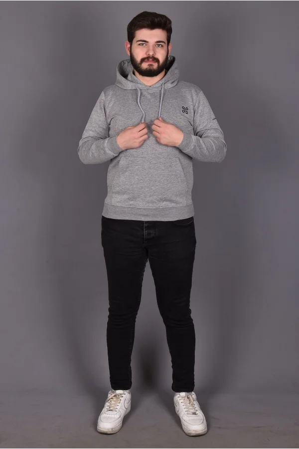 Gri Double Face Kapüşonlu Sweatshirt