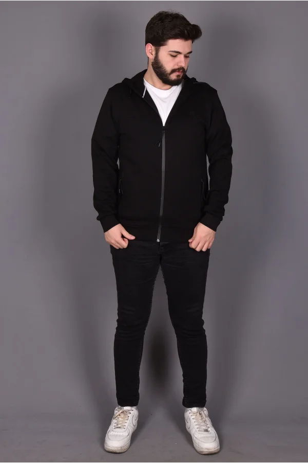 Siyah Double Face Kapüşonlu Hırka