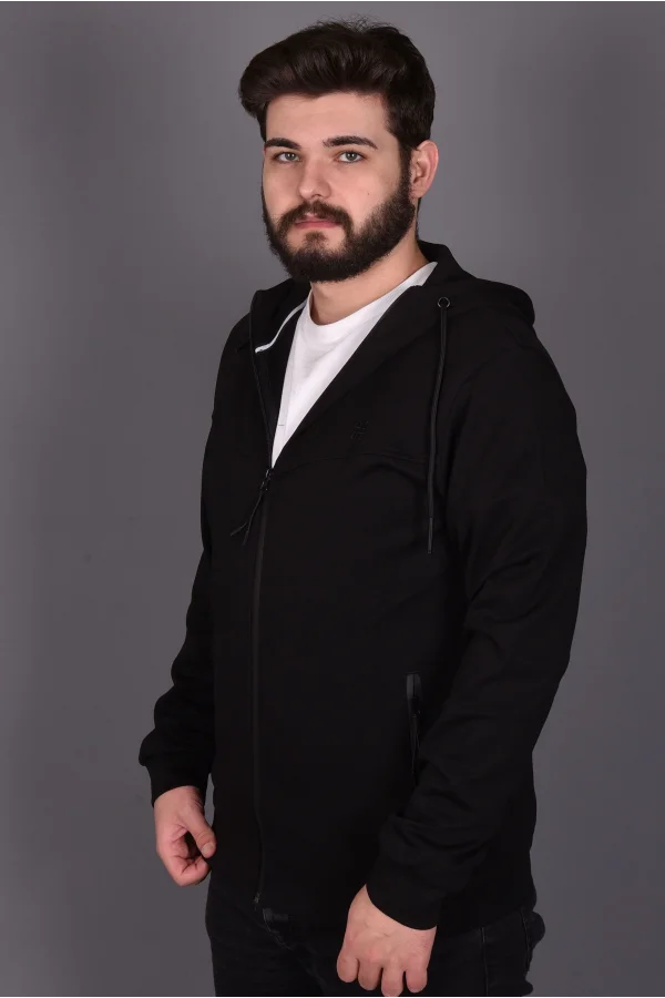 Siyah Double Face Kapüşonlu Hırka