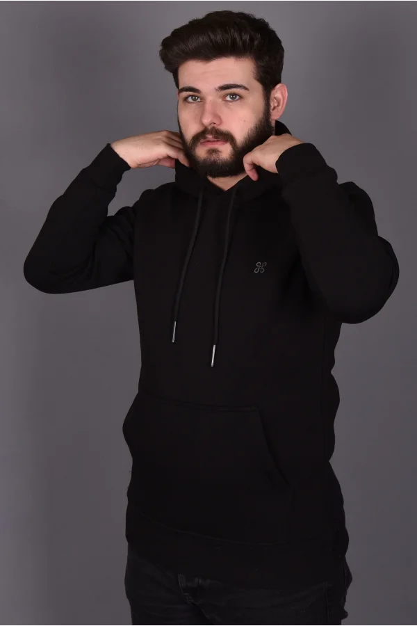 Siyah Double Face Kapüşonlu Sweatshirt