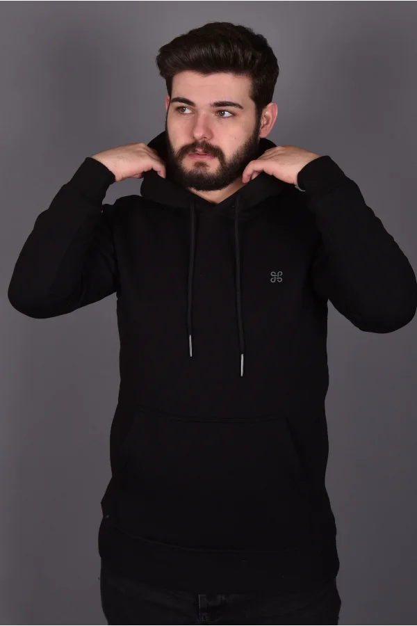 Siyah Double Face Kapüşonlu Sweatshirt
