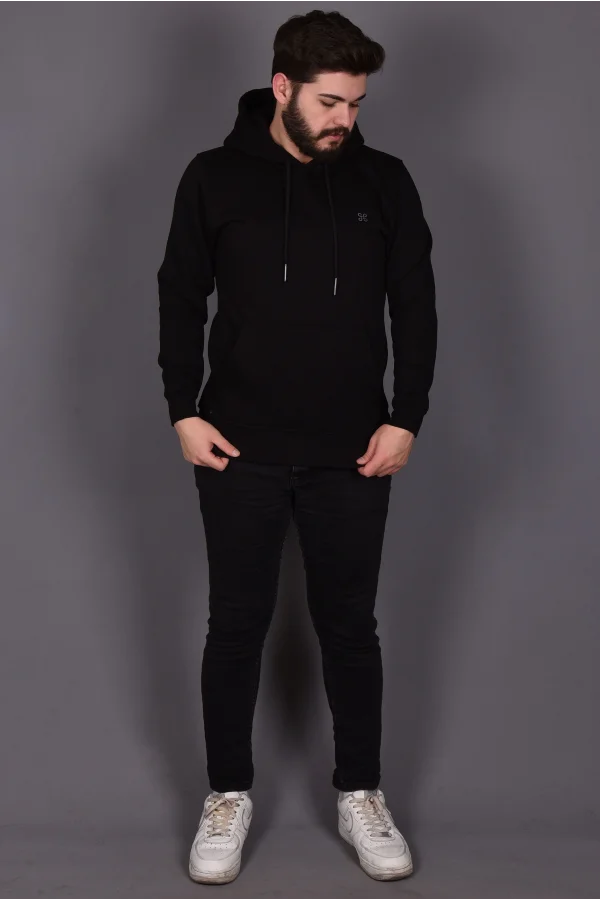 Siyah Double Face Kapüşonlu Sweatshirt