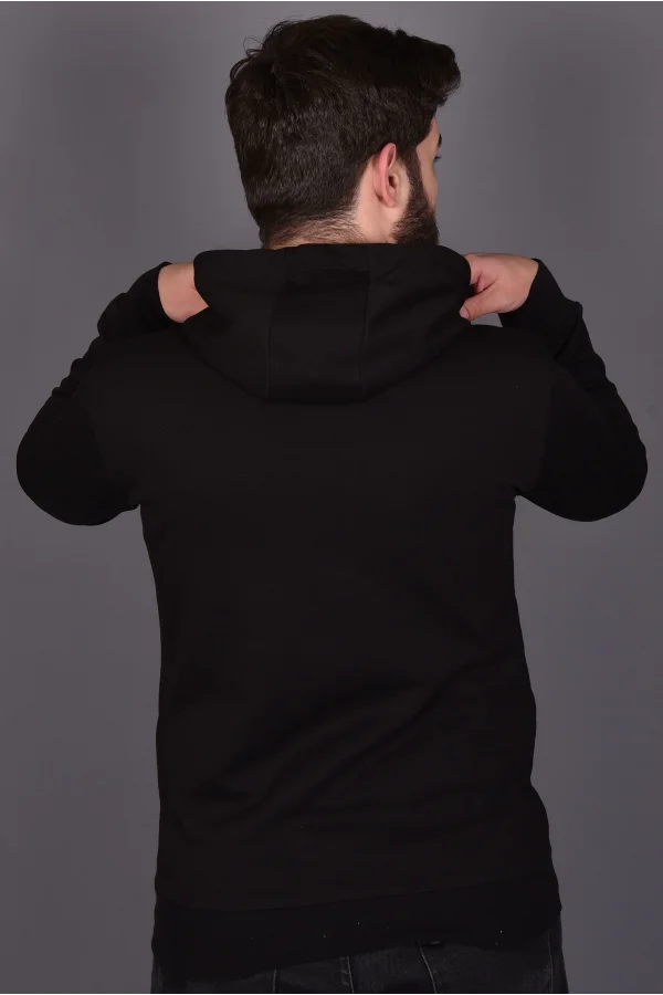 Siyah Penye Şardonlu Üçiplik Kapüşonlu Sweatshirt