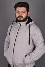 Açık Gri Fermuarlı ve Cepli İçi Polar Su Geçirmez Yağmurluk