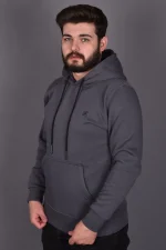 Antrasit Penye Şardonlu Üçiplik Kapüşonlu Sweatshirt