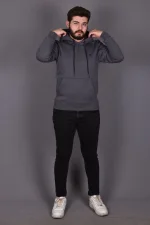 Antrasit Penye Şardonlu Üçiplik Kapüşonlu Sweatshirt