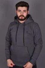 Antrasit Penye Şardonlu Üçiplik Kapüşonlu Sweatshirt