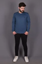 Mavi Likralı Konpak Penye Kumaş Sweat