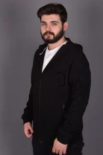 Siyah Double Face Kapüşonlu Hırka