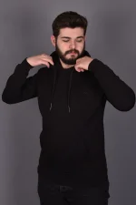 Siyah Penye Şardonlu Üçiplik Kapüşonlu Sweatshirt