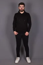 Siyah Penye Şardonlu Üçiplik Kapüşonlu Sweatshirt