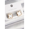 316L Çelik Gold Renk Beyaz Minelik Yonca Model Kadın Küpe