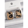 Mey İthalat® Pirinç Gümüş Renk Leopar Desenli Kare Model Kadın Küpe