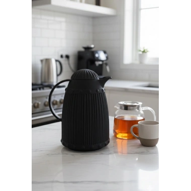 1 LT Isı Yalıtımlı Çay ve Soğuk Su Termosu Siyah (12 Saat Sıcak Tutar & İçi Camdır)