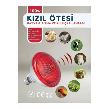 100W Kızılötesi (infrared) Isıtıcılı Hayvan Isıtma ve Kuluçka Lambası (Kırmızı Işık) E27 (Kalın Duy)