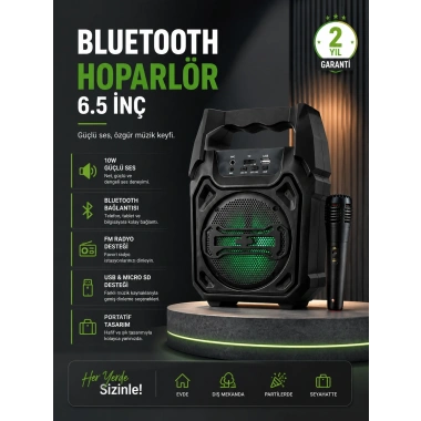 10W Güçlü Ses Performanslı Bluetooth Karaoke Hoparlörü