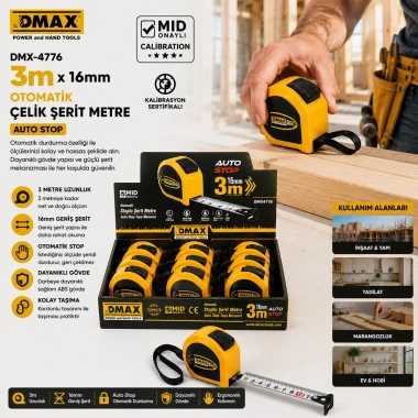 12 ADET 3MT X 16MM OTOMATİK ÇELİK ŞERİT METRE STOPLU (5468)