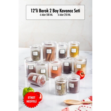 12li Barok Yuvarlak 2 Boy Kavanoz Seti & Saklama Kabı & Erzak Kabı 6*500 ML,6*250 ML)