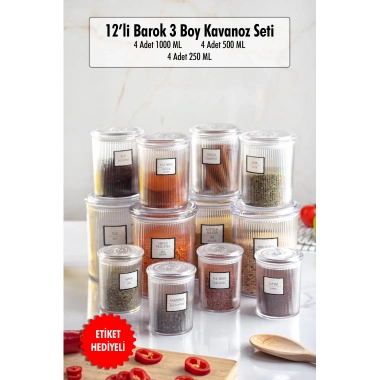 12li Barok Yuvarlak 3 Boy Kavanoz Seti & Saklama Kabı & Erzak Kabı  (4*1000 ML, 4*500 ML,4*250 ML)