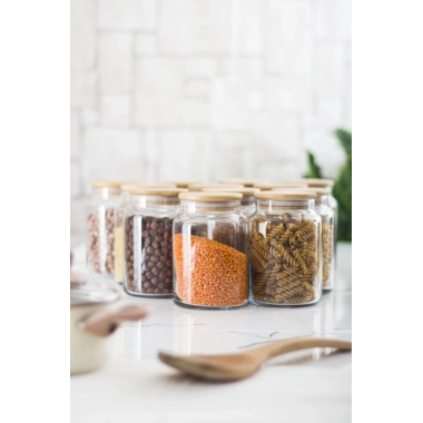 12 Lü Set Bambu Kapaklı Cam Kavanoz & Erzak Saklama Kabı 800 ml Orta  Boy ( Vakum Kapak )