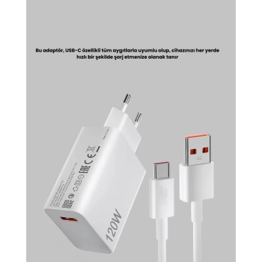 120W Hızlı Şarj Başlığı Ultra Güçlü Type-C Adaptör Kablo Dahil
