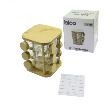 12PCS KARE DÖNER STANDLI CAM - BAMBU KAPAK TUZLUK - BAHARATLIK BAMBU STAND (5468)