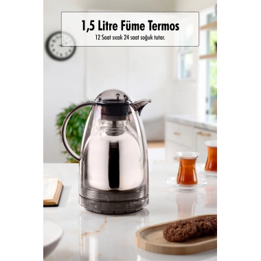 1.5 LT Isı Yalıtımlı Çay Ve Soğuk Su Termosu Füme (12 Saat Sıcak Tutar& İçi Camdır)