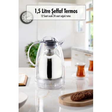 1.5 LT Isı Yalıtımlı Çay Ve Soğuk Su Termosu Şeffaf (12 Saat Sıcak Tutar& İçi Camdır)