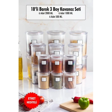 18li Barok Yuvarlak 3 Boy Kavanoz Seti & Saklama Kabı & Erzak Kabı (6*2000 ML, 6*1000 ML ,6*500 ML)