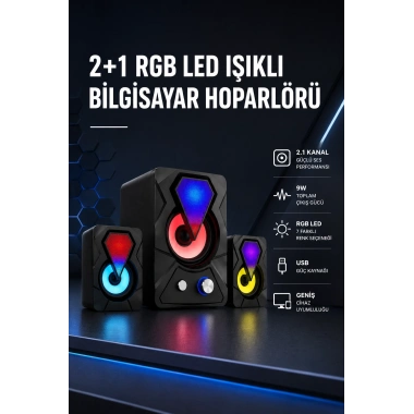 2+1 RGB LED Işıklı Güçlü Bas Sistemli Bilgisayar Hoparlörü