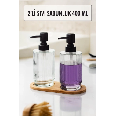 2 Li Bambu Altlıklı Sıvı Sabunluk Seti