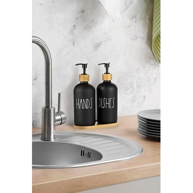 2 Li Bambu Altlıklı Sıvı Sabunluk Seti Siyah