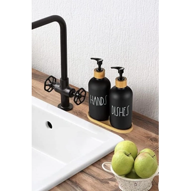 2 Li Bambu Altlıklı Sıvı Sabunluk Seti Siyah