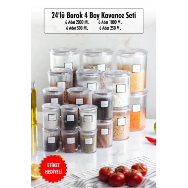 24lü Barok Yuvarlak 4 Boy Kavanoz Seti & Saklama Kabı & Erzak Kabı (6*2000 ML, 6*1000 ML, 6*500 ML, 6*250 ML)