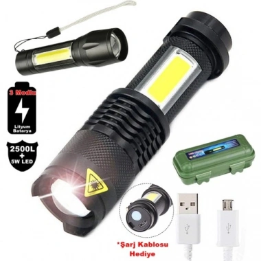 2500 Lumens + 5W COB LED USB Lion Şarjlı Ultra Güçlü Q5 XPE Su Geçirmez Şarjlı El Feneri (5468)