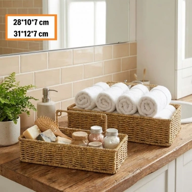 2’li Duvar Askılı Plastik Rattan Organizer – Dikdörtgen Hasır Görünümlü Mutfak Raf Sepeti, Banyo ve Ev İçi Düzenleme Ünitesi (5468)