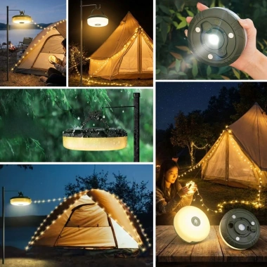 2’si 1 Arada 5 Farklı Işık Modlu Gün Işığı Şarjlı Kamp Lambası ve Makaralı 10 Metre Peri LED Işık – Su Geçirmez Mıknatıslı Aydınlatma Feneri (5468)