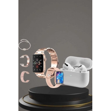 3 Kordonlu Pembe Amoled Ekran Akıllı Saat ve Yeni Nesil Pro Kablosuz Bluetooth Kulaklık ANC/ENC