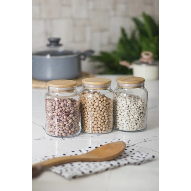 3 Lü Set Bambu Kapaklı Cam Kavanoz & Erzak Saklama Kabı 800 ml Orta  Boy ( Vakum Kapak )
