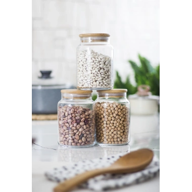 3 Lü Set Bambu Kapaklı Cam Kavanoz & Erzak Saklama Kabı 800 ml Orta  Boy ( Vakum Kapak )