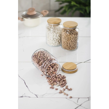 3 Lü Set Bambu Kapaklı Cam Kavanoz & Erzak Saklama Kabı 800 ml Orta  Boy ( Vakum Kapak )