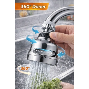 3 Modlu 360 Derece Döner Krom Musluk Başlığı Su Tasarruflu Mutfak Çeşme Evye ve Lavabo Batarya Ucu