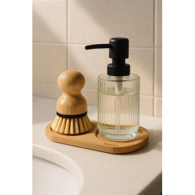 3 Parça Bambu Altlıklı Sabunluk ve Temizlik Fırça Seti