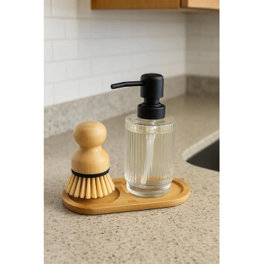 3 Parça Bambu Altlıklı Sabunluk ve Temizlik Fırça Seti